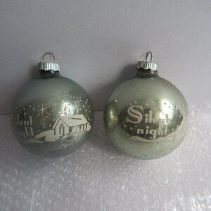2 Shiny Brite Silent Night Church Blue Stencil Glass Christmas Ornament Vtg